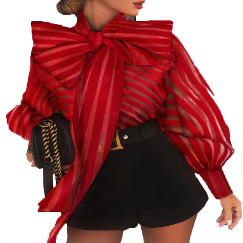 

2020 Bow Gauze Stitching tops Lantern Sleeve Trendy Women Clothing Red Blouse