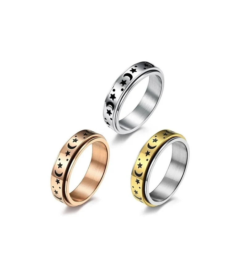 

Etsy Hot Sale Stainless Steel Fidget Spinner Ring Moon Star Sun Fine Tuning Rotating Ring Anti Anxiety Ring, Silver,gold,rose gold
