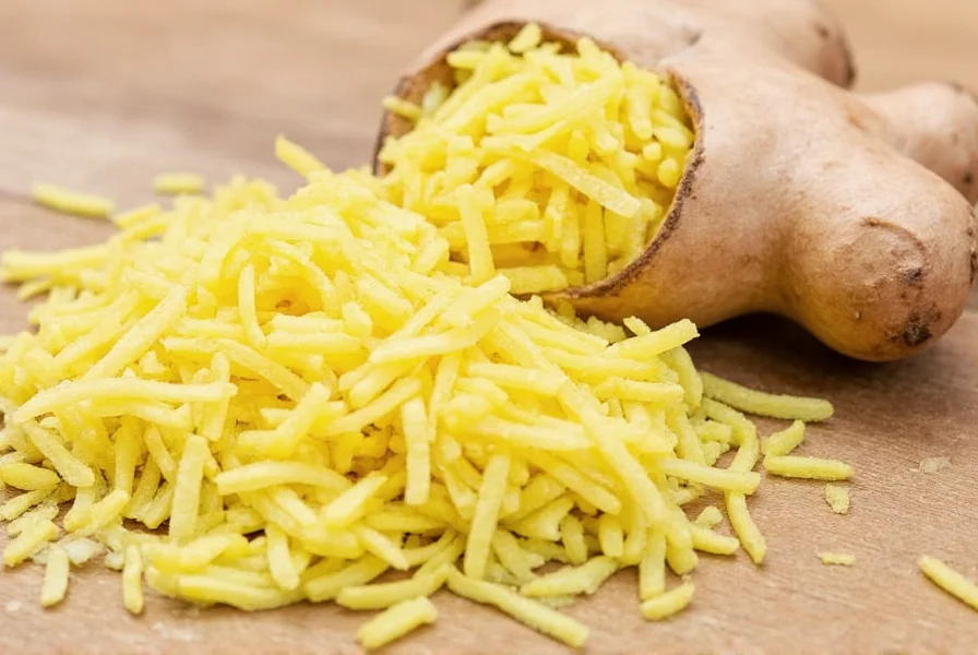 Close-up of fresh ginger root being grated on a microplane with visible juice droplets and fine texture