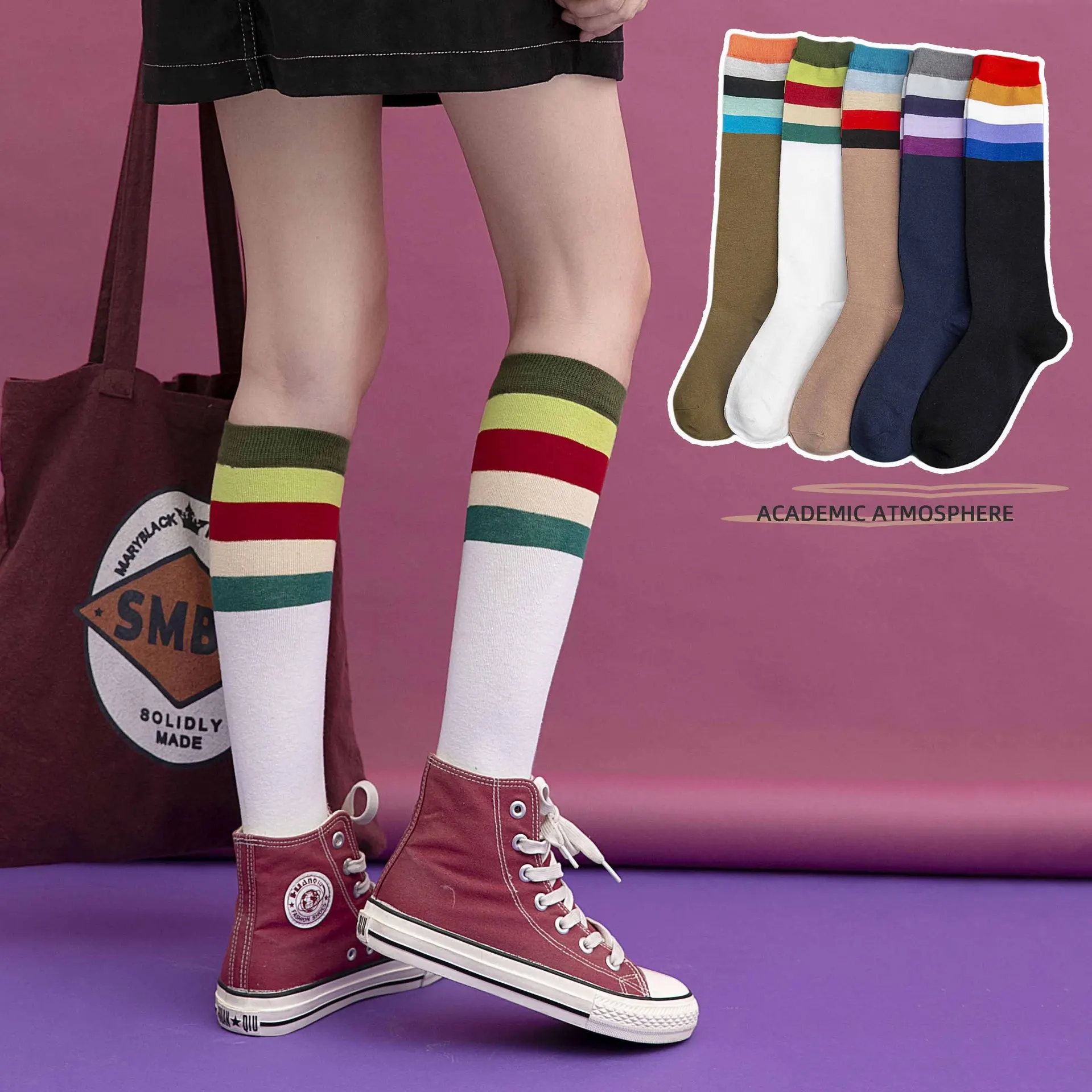 

Cotton Breathable Striped Socks For Women Knee High Wholesale Rainbow Long Socks, Custom color