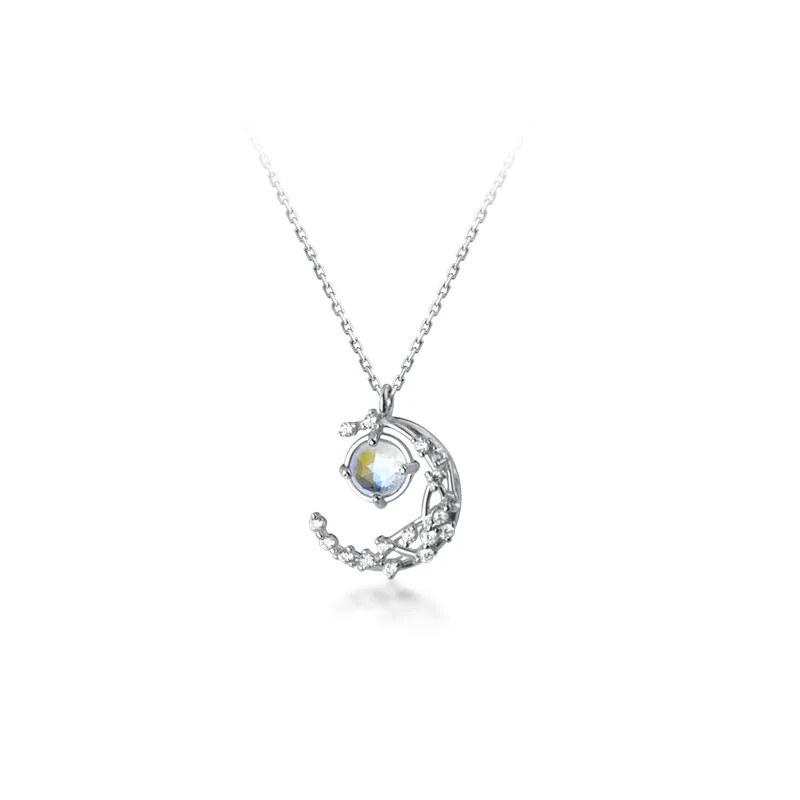 

N3238 Popular Hot Sale Hip Hop Jewelry Silver Crescent Colored Glass Chain Sen Series Diamond Clavicle Necklace