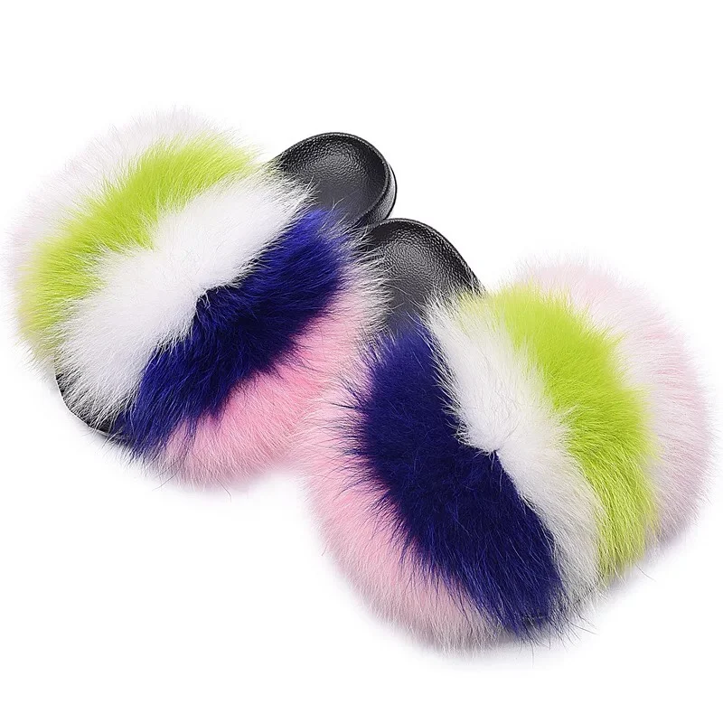 

Colourful fox fur slippers Fashion street wear Wear beach shoes outside summer slippers for women, Customized color