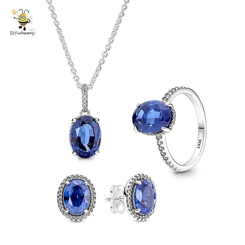 

925 Sterling Silver Santa Big Oval Blue Crystal Stone Sparkling Statement Halo Pendant Necklaces Earrings Rings Jewelry Set