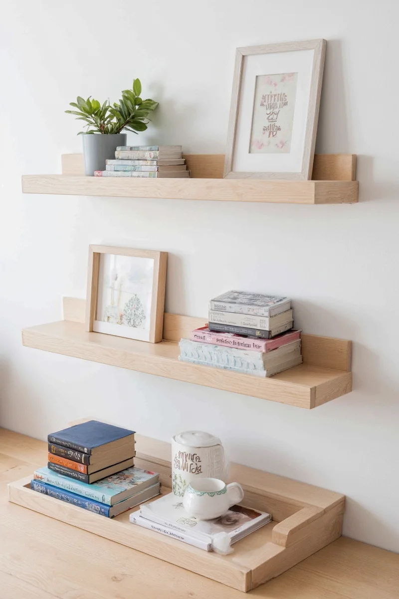 Rope and wood hanging wall shelves