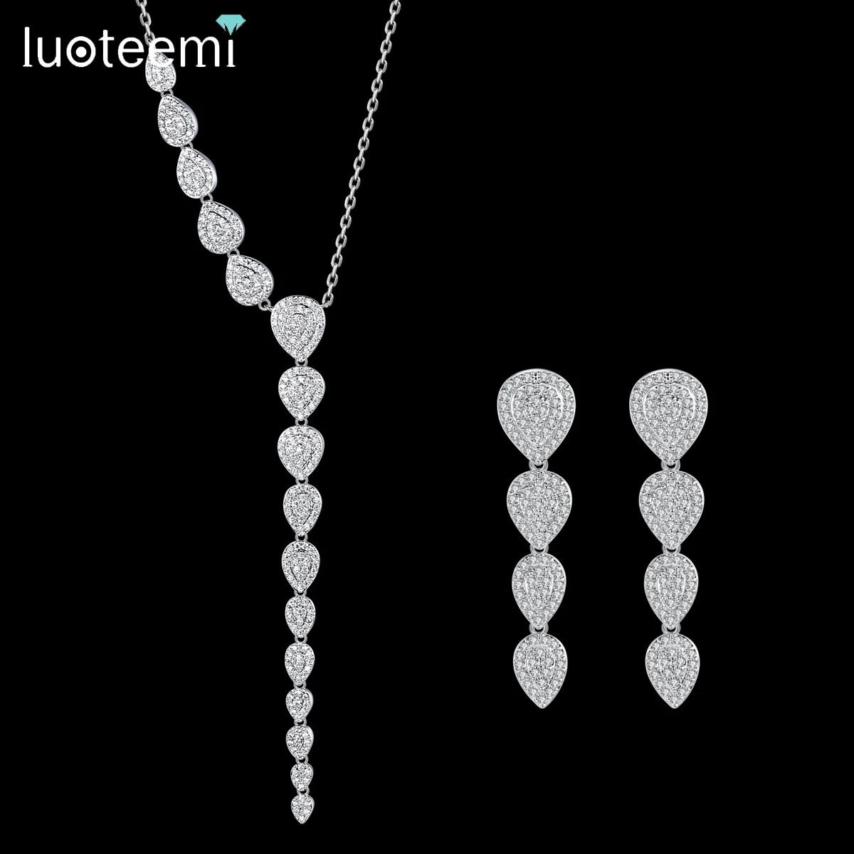 

LUOTEEMI Water Drop Earring Accessory Brand Pendant Necklace Cz Wedding Earing Set Luxury Designer Jewelry