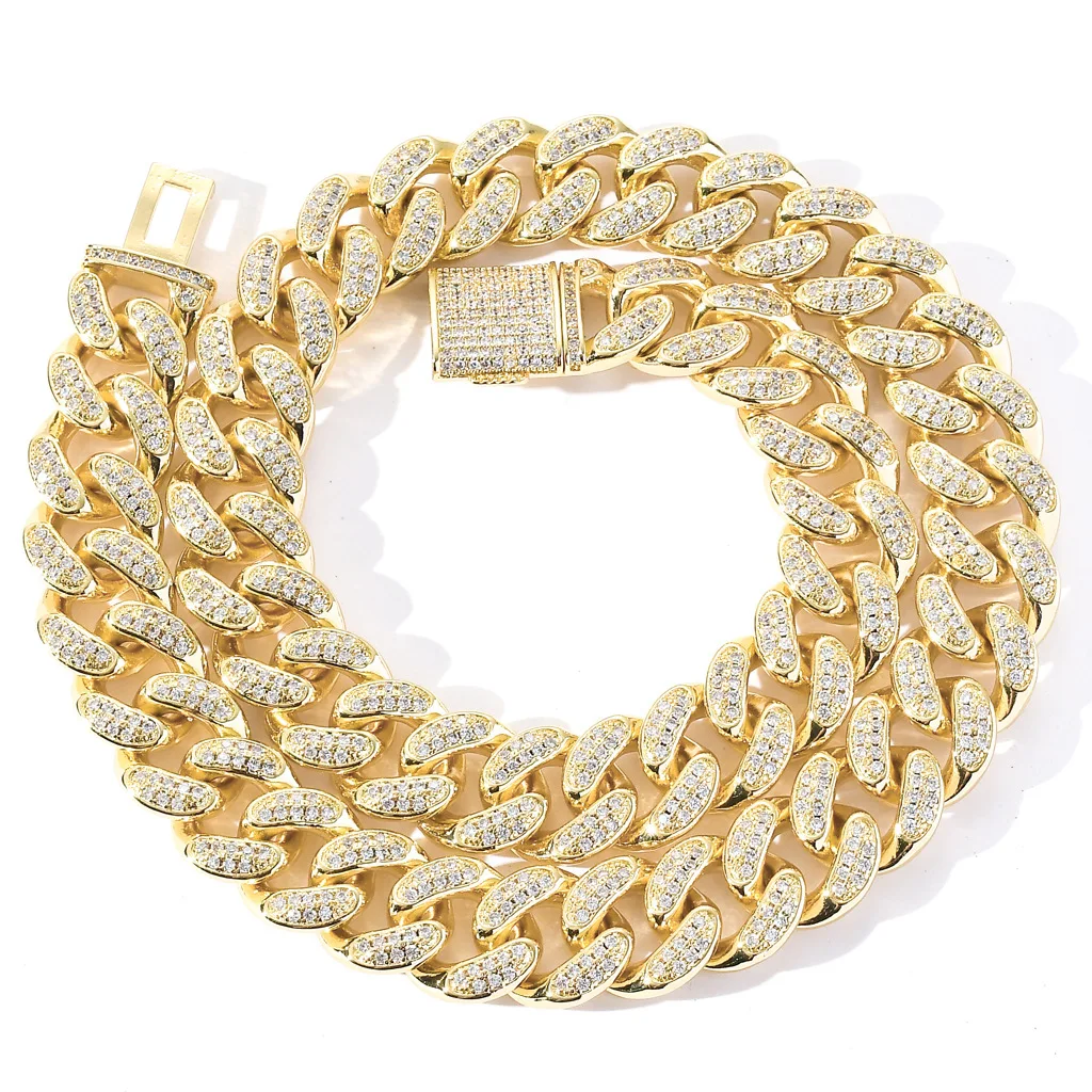 

Mens Choker Cuban Link 14k 18k Gold Plated Iced Out AAAAA CZ Paved 15mm Lock Box Cuban Chain Necklace, Picture