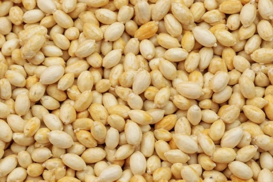 Close-up of white pepper seeds after outer layer removal during processing