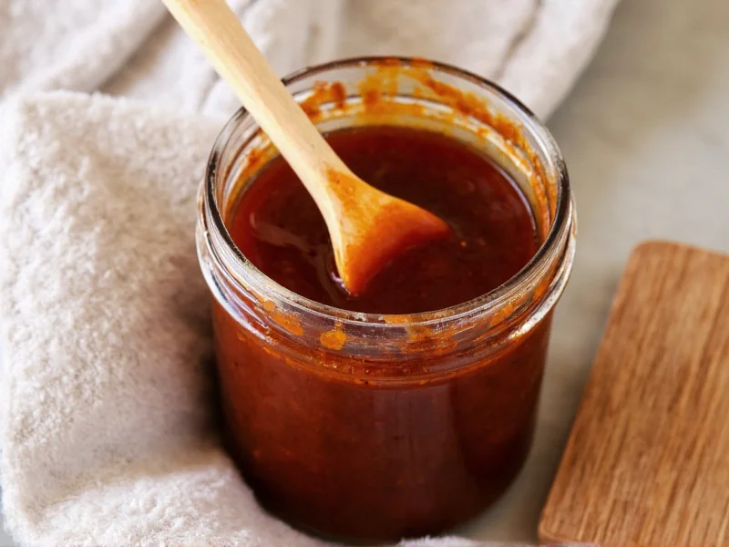 Homemade teriyaki sauce in glass jar with brush