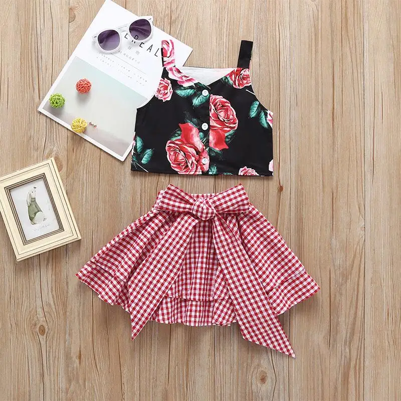 2019 Summer 2Pcs Toddler Kid Baby Girl Rose Vest Tops Red Plaid Bowknot Skirt Outfits Cute summer Clothes