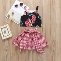 

2019 Summer 2Pcs Toddler Kid Baby Girl Rose Vest Tops Red Plaid Bowknot Skirt Outfits Cute summer Clothes