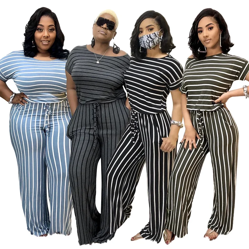 

(RTS 0.55) 20793 Plus size Striped printed knitted stretch style plus size women's jumpsuit