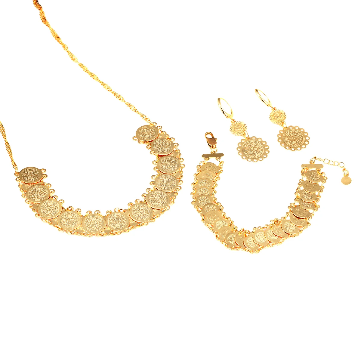 

Fashion Coin Style Necklace Earrings Bracelet Gold Color Coin Women's Jewelry Set