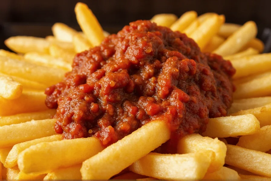 Close-up of golden French fries generously topped with rich, meaty chili sauce showing texture contrast