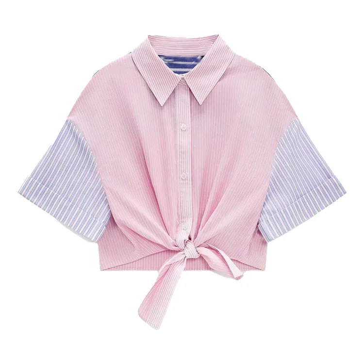 

Bmurhmza women's 2021 Lapel short sleeve lace up waist pink patchwork striped poplin shirt, Picture color