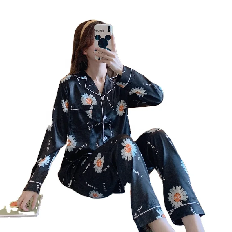 

Factory Wholesale Ladies Lounger Wear Long Sleeve Silk Pajamas Plus Size Satin Nightwear Women winter Pajamas, Picture color