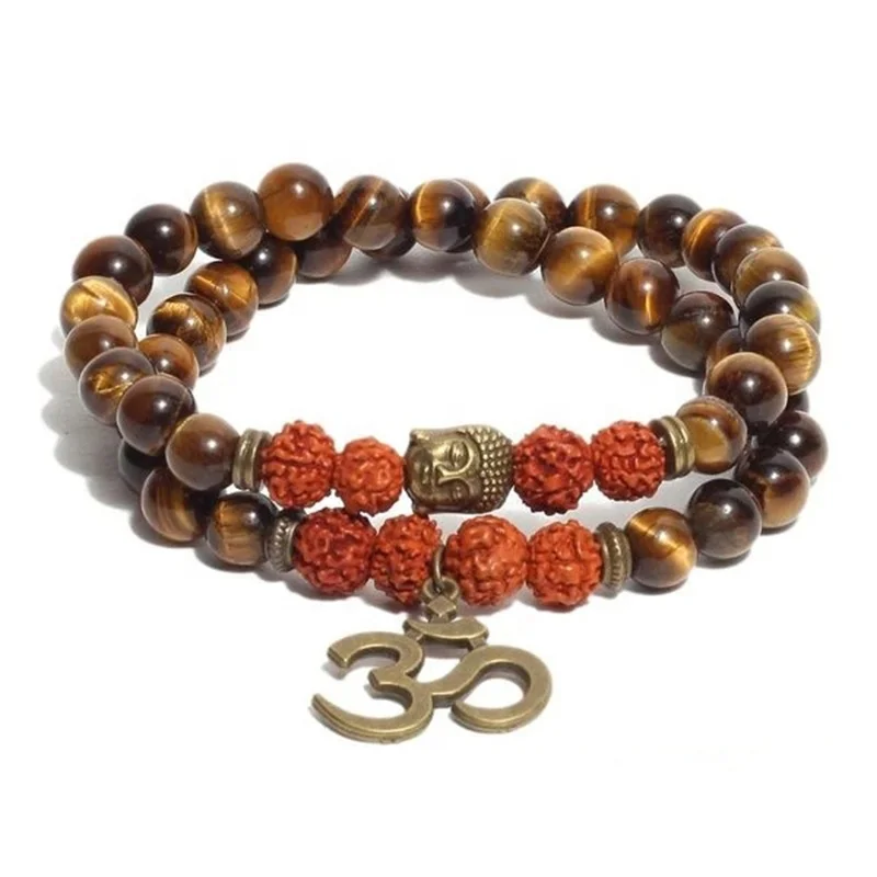 

Natural Rudraksha and Tiger Eye Om Buddha Bracelet For Mind and Positivity