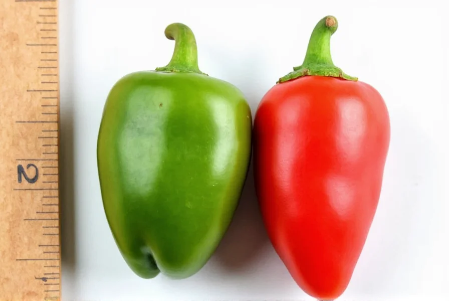Close-up comparison of fresh green and red Fresno chilies next to a ruler showing their 2-3 inch size