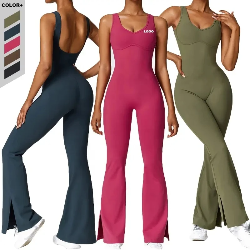 

Women's Backless Flared Split Bottom Yoga Jumpsuit Deportivo Activewear Bodysuit One Piece Yoga Unitard Jumpsuit
