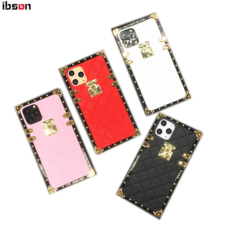 

Luxury Leather Phone Case Square Plaid Drop Resistance Phone Cover Case with Lanyard, Pink,black,red,white