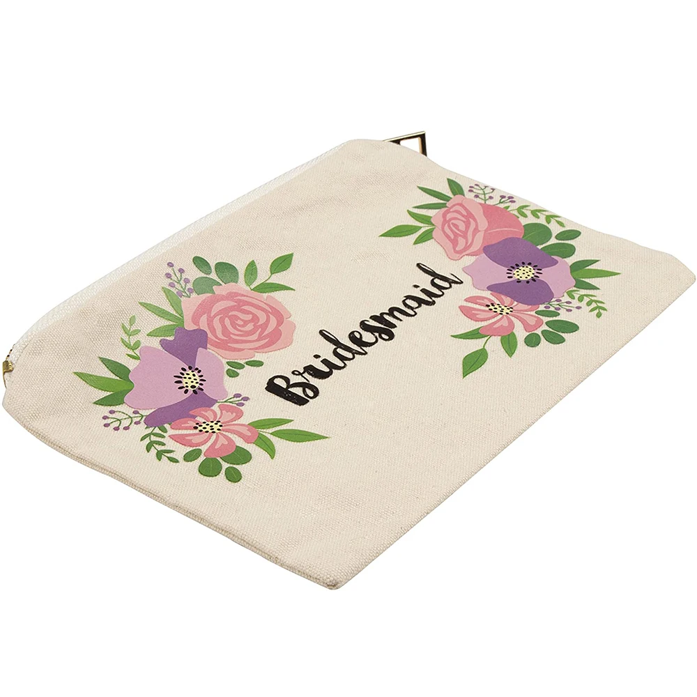 

custom print cosmetic bag 5 canvas bags for wedding gifts, bachelor party gifts, and vintage floral designs, Black, blue, green, grey, pink, white, yellow, etc