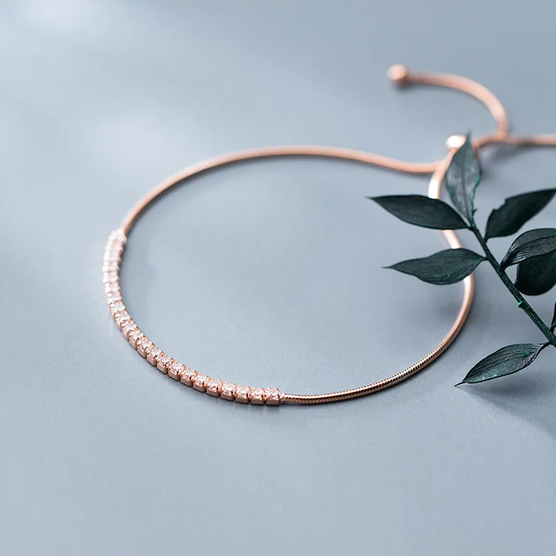 

New Arrival 925 Sterling Silver Line Cubic Zirconia Slider Bracelet Adjustable Sterling Silver Snake Bone Chain Bracelet