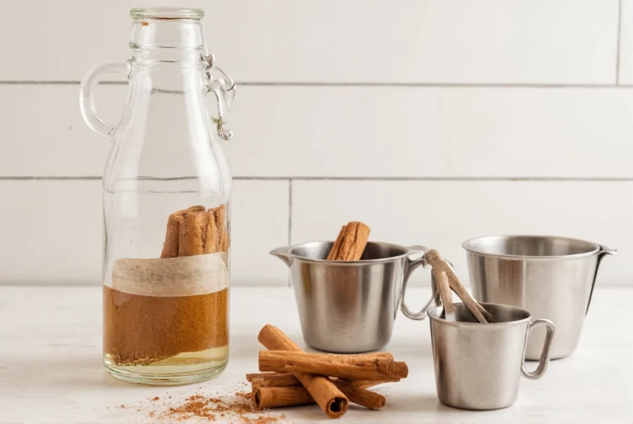 Glass bottle of prepared cinnamon water next to fresh cinnamon sticks and measuring cups