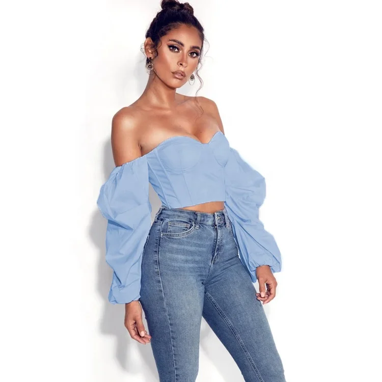 

Latest Design Spring Puff Sleeve Women Blouse Off Shoulder strapless Fashion Tops women sweet crop top, White,blue