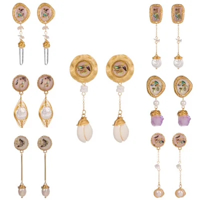 

2021 New Arrival Women Eardrop 18K Gold Plating Geometric Pearl Earrings Round Shell Pearl Drop Earrings