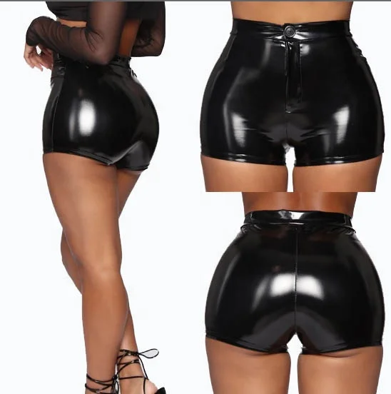 

Wholesale 8 Sizes Black High Waist Hot Sexy Club Tight Plus Size Short Pants Women Streetwear Black PU Leather Shorts