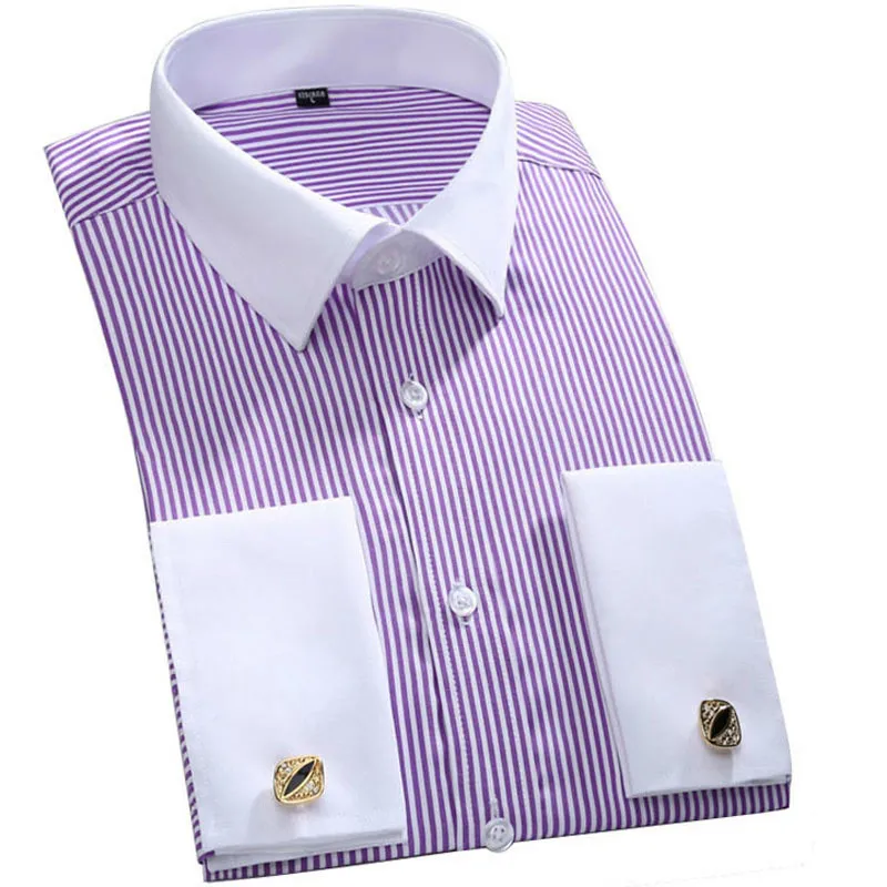 

Mens French Cuff Dress Shirt Men Long Sleeve Solid Striped Style Men's Shirts Cufflink Include Plus Size