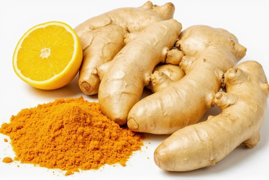 Close-up comparison of fresh turmeric root and ginger root showing their different colors and textures