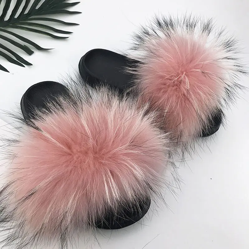 

Wholesale Real Raccoon Fur Women Slippers Home Furry Slides