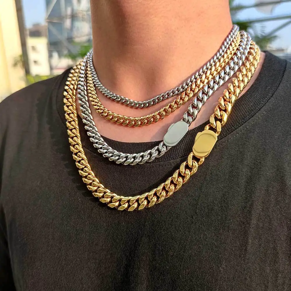 

Hip Hops Men's 316L Stainless Steel Cubic Zircon Cuban Link Chain Necklaces Full Diamond Miami Cuban Chain Necklace For Men