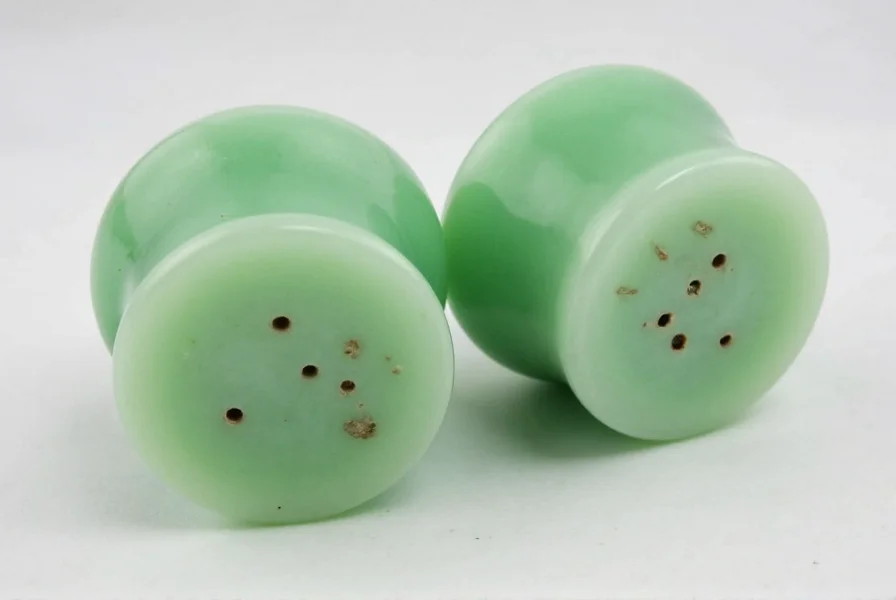 Close-up photograph showing authentic Fostoria jadeite salt and pepper shakers with visible manufacturer markings on the base