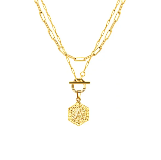 

Simple hexagonal double layer letter pendant paper clip matching necklace wholesale