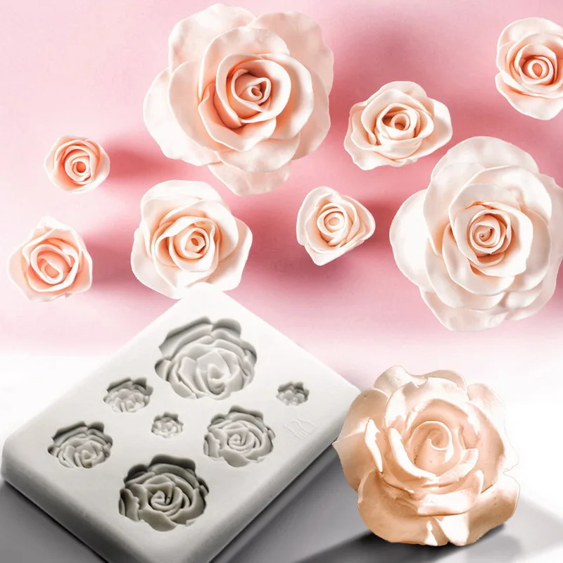 

Rose Flower Silicone Molds Wedding Cupcake Topper Fondant Cake Decorating Tools Clay Sugarcraft Chocolate Gumpaste Molds, Grey/pink