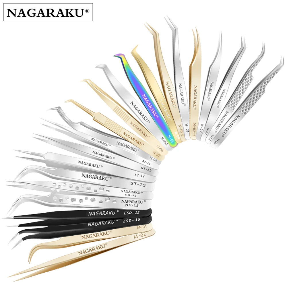 

NAGARAKU Eyelash Extension Tweezers Non-magnetic Precise Volume Lashes Tweezer Straight and Curved Isolator Gold, Black gold silver colored