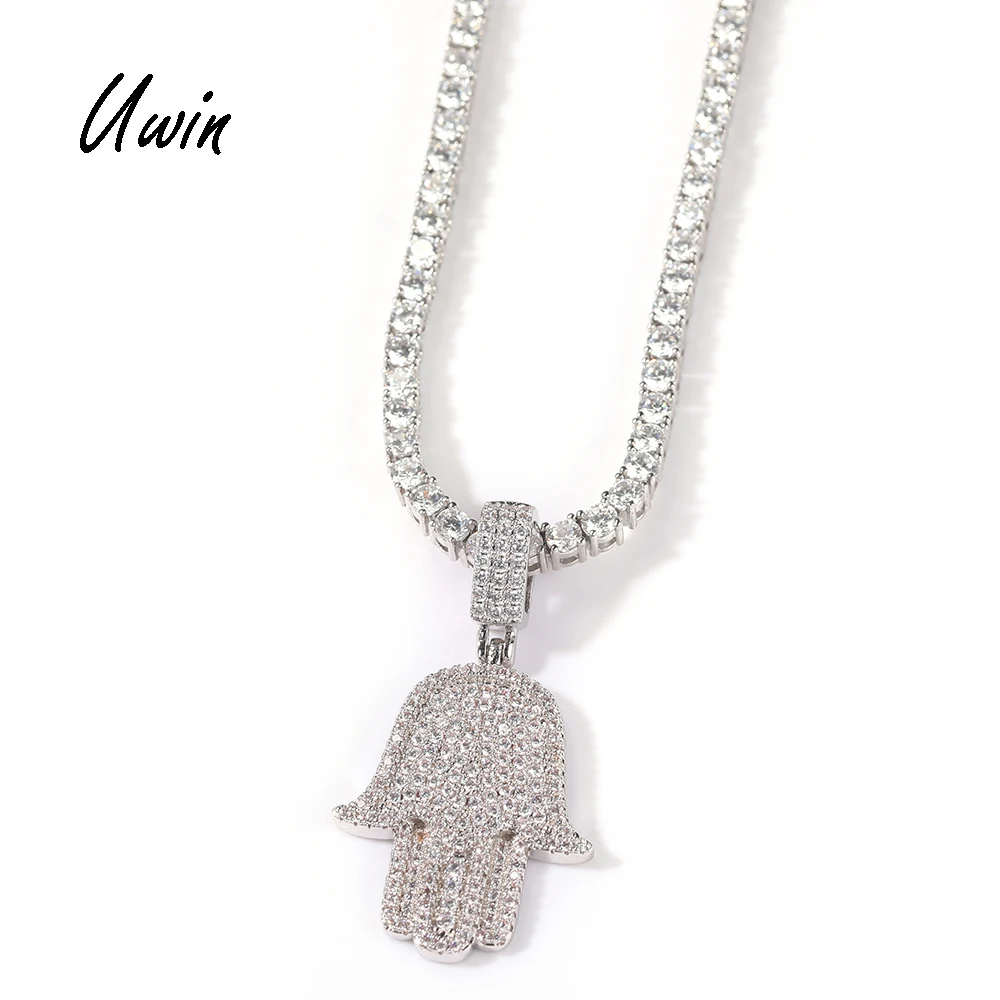 

Wholesale Hip Hop Iced Out CZ Hamsa Hand Pendant Necklace Jewelries