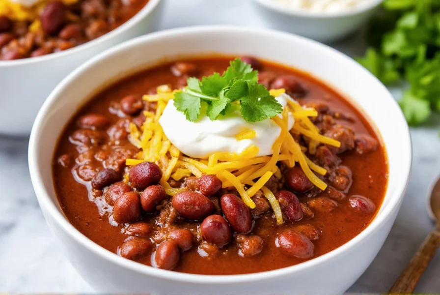 Finished beef chili with beans served in white bowl with toppings including shredded cheese, sour cream, and fresh cilantro
