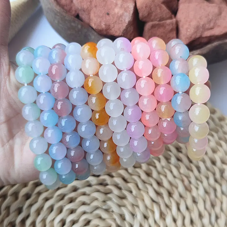 

Wholesale 12mm Handmade Beaded Stretch Bracelet Summer Translucent Peach Pink Gradient Crystal Glass Beads Bracelet for Girls