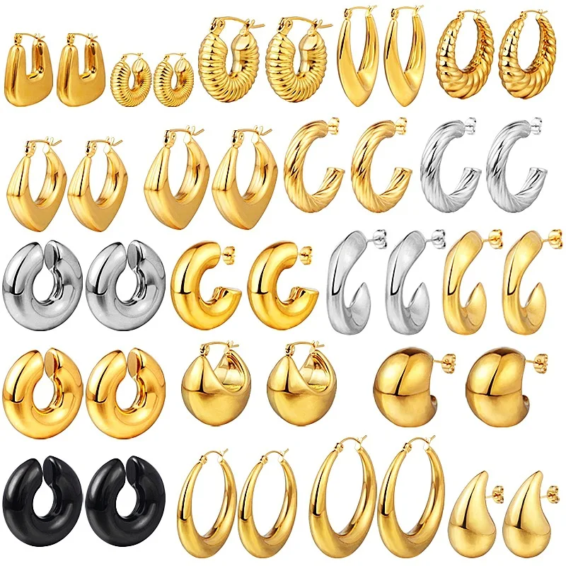 

Handmade Stainless Steel 18k Gold Plated Plated Screw C Huggie Hoop Earrings Women Hollow Water Drop Stud Earrings Gift