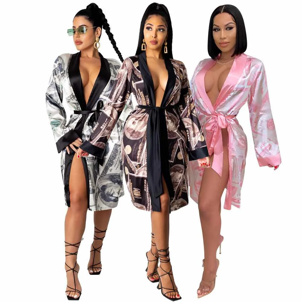 

Adult US Dollar Printed Loose Pajamas Bathrobe Lace-Up Cardigan Homewear Women's Sleepwear