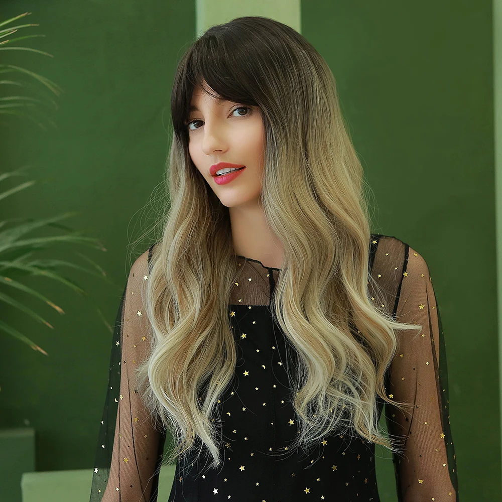 

24 inch Black gold gradient Wavy hair air bangs Rose elastic net hat