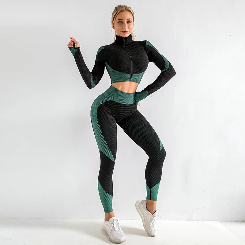 

Seamless Women 2PCS Yoga Sets Fitness Sport Yoga Suit Long Sleeve running Clothing Female Sport Gym Suits Exercise Clothing Gym