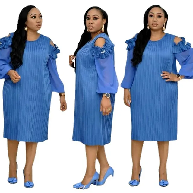 

Summer Dresses Casual Ladies Pleated full long Sleeves Dresses Shoulder Sleeve Pleats Dress for Women, As showed