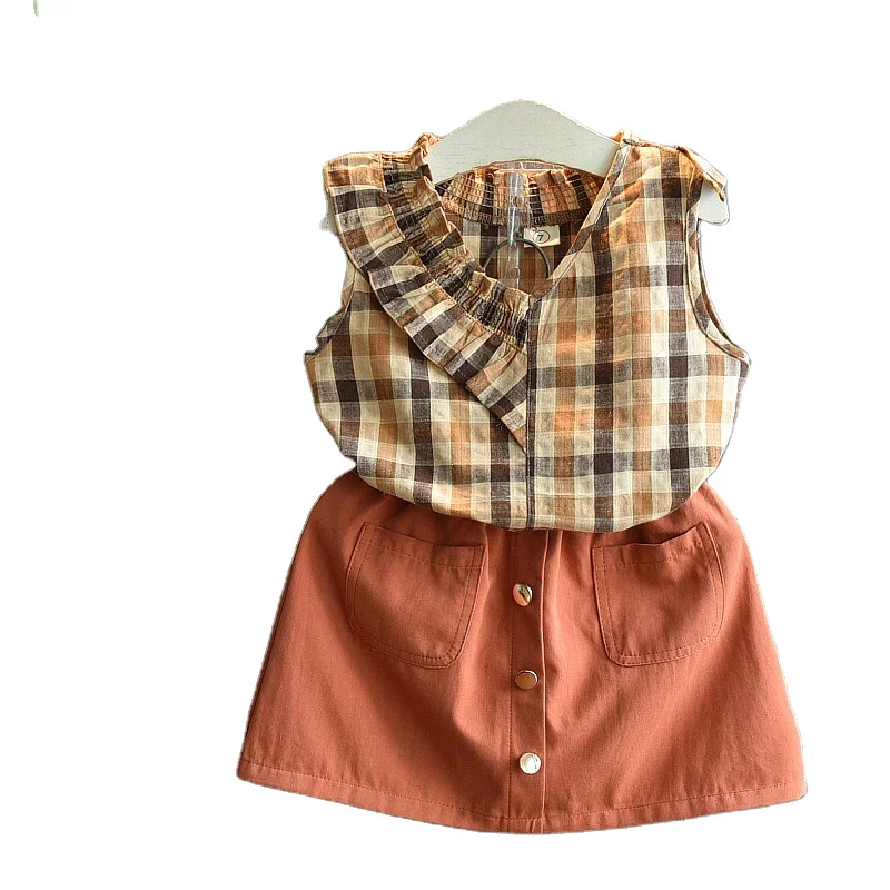 

2020 new fashion suit children summer plaid sleeveless top a-line skirt two-piece kids girls clothing