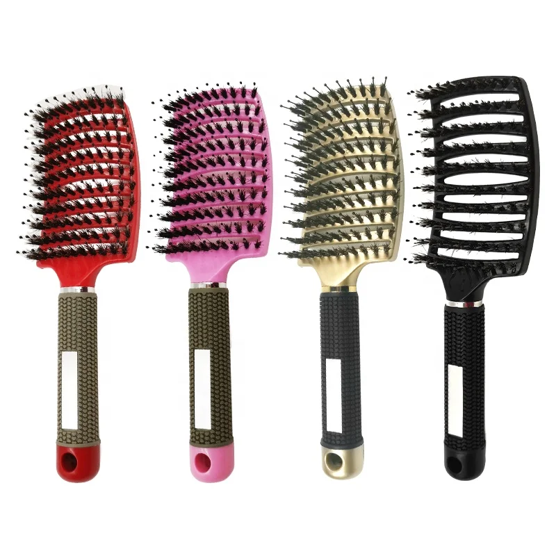 

Hair Style Beauty Salon Boar Bristle Paddle Logo Curly Tangle Black Wide Nylon Magic Hair Comb Curved Wave Brush