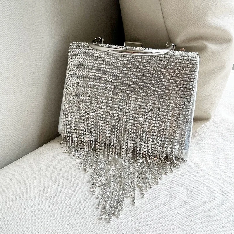 

Bolsos Para Mujeres Box Diamond Tassel Clutch Purse For Women Luxury Nightclub Party Bright Rhinestone Tassel Queen Handbag