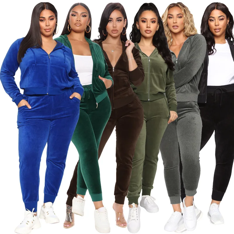 

Cropped Jacket Women Sweat Suit Two Piece Sets Pants Wholesale Velvet Velour Tracksuit Leggings Plus Size 2 Piece Set, As pictures