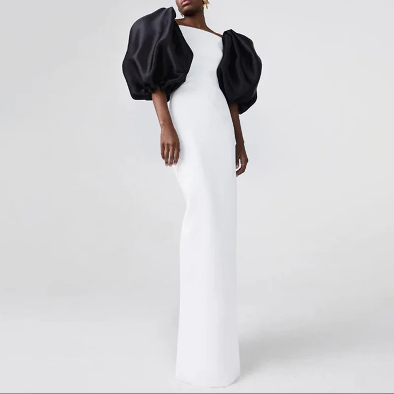 

Bettergirl 2023 French Women's Senior Sense Fashion New Bubble Sleeve Design Sense Splicing Color Slim-fit Long Dress